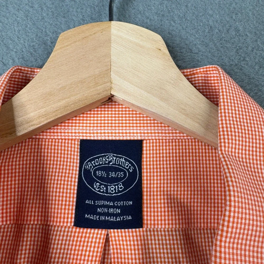 Brooks Brothers Mens 18.5 34/35 Orange Gingham 100% Supima Cotton Non-Iron Shirt - Picture 5 of 8